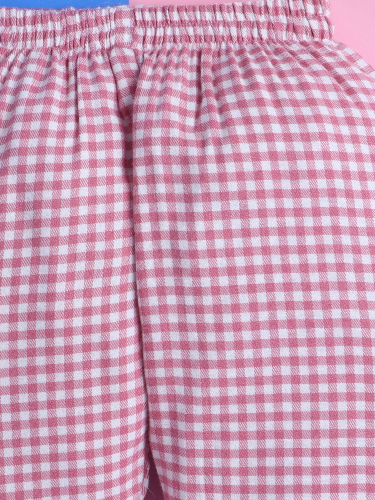 Pink Gingham Checks Pure Cotton Nightsuit with Flower Embroidery