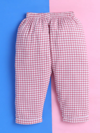 Pink Gingham Checks Pure Cotton Nightsuit with Flower Embroidery