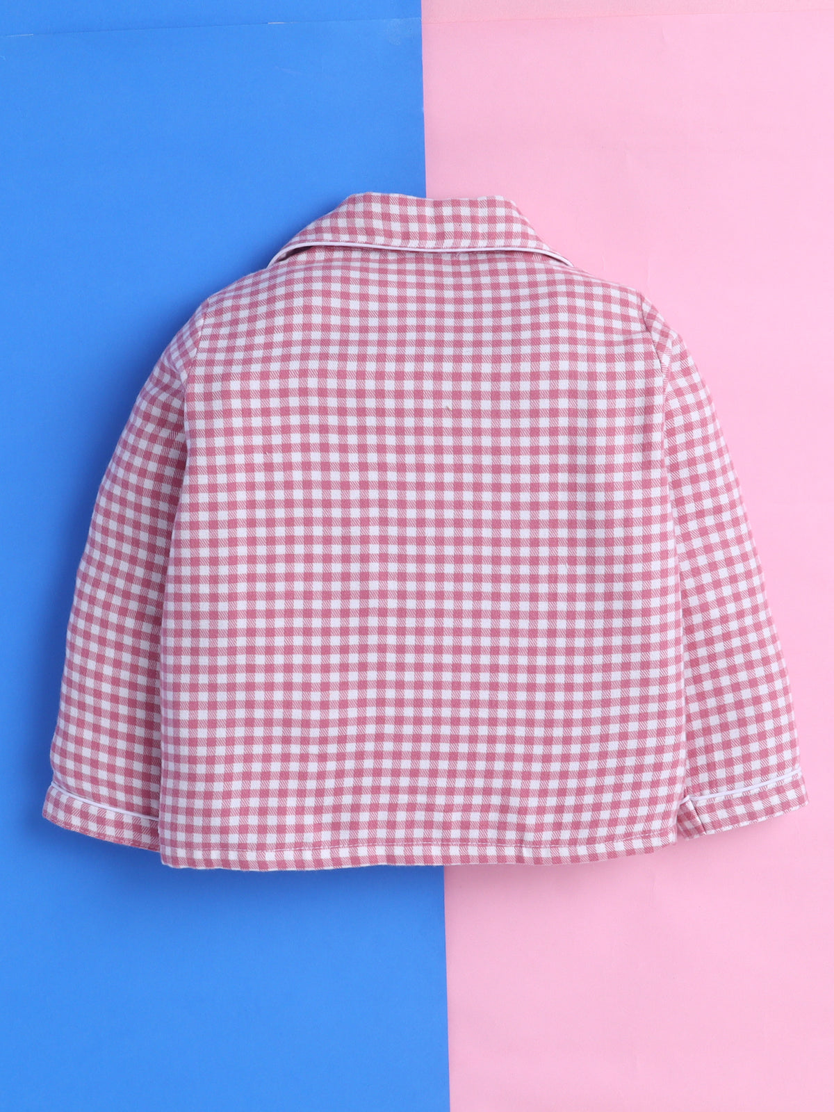 Pink Gingham Checks Pure Cotton Nightsuit with Flower Embroidery