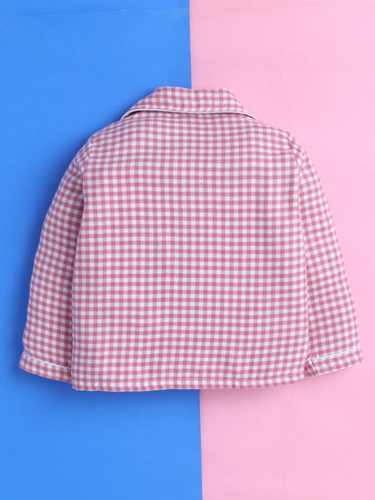 Pink Gingham Checks Pure Cotton Nightsuit with Flower Embroidery