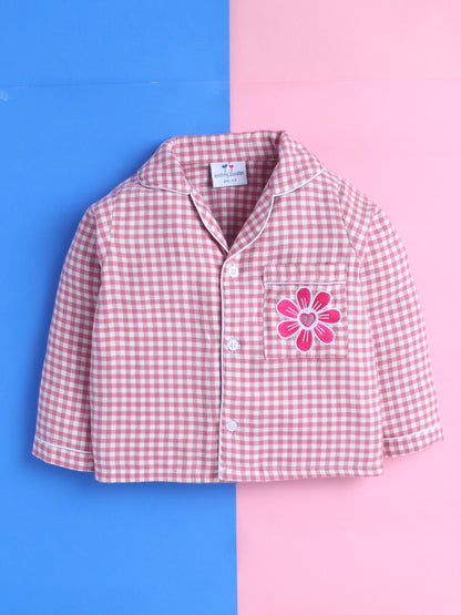 Pink Gingham Checks Pure Cotton Nightsuit with Flower Embroidery