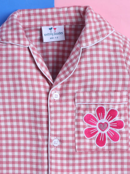 Pink Gingham Checks Pure Cotton Nightsuit with Flower Embroidery