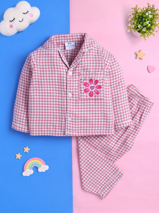 Pink Gingham Checks Pure Cotton Nightsuit with Flower Embroidery