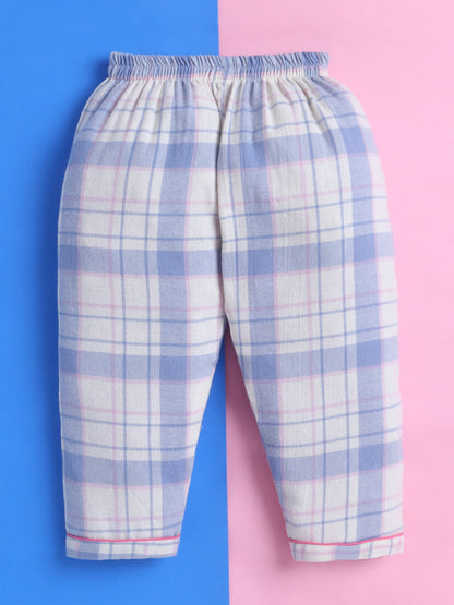 Blue & White Checks Pure Cotton Nightsuit with Butterfly Embroidery