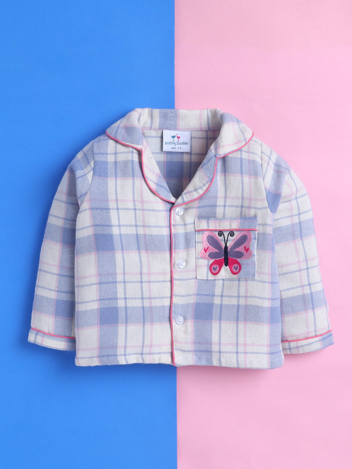 Blue & White Checks Pure Cotton Nightsuit with Butterfly Embroidery
