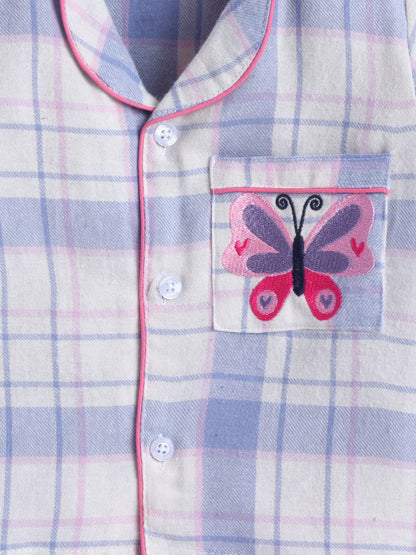 Blue & White Checks Pure Cotton Nightsuit with Butterfly Embroidery