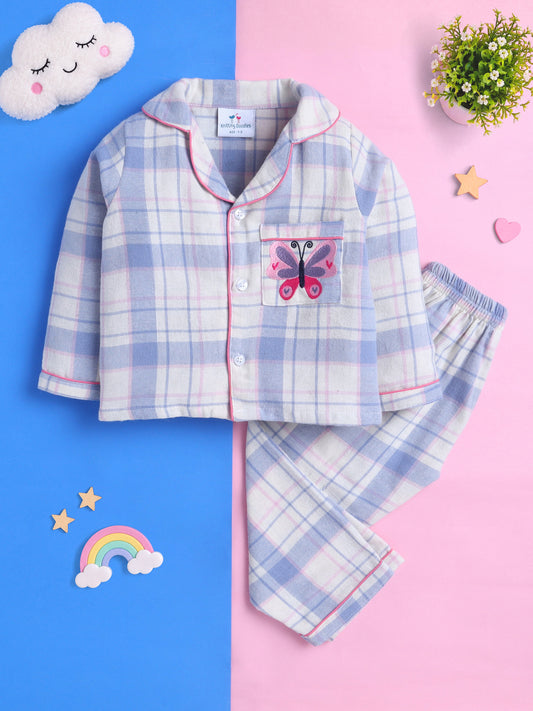 Blue & White Checks Pure Cotton Nightsuit with Butterfly Embroidery