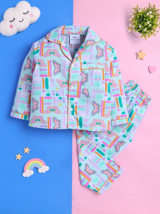 Pastel Butterfly Print Pure Cotton Full Sleeves Nightsuit