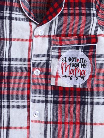 Red, Blue & White Checks Pure Cotton Nightsuit with Mama Love Embroidery