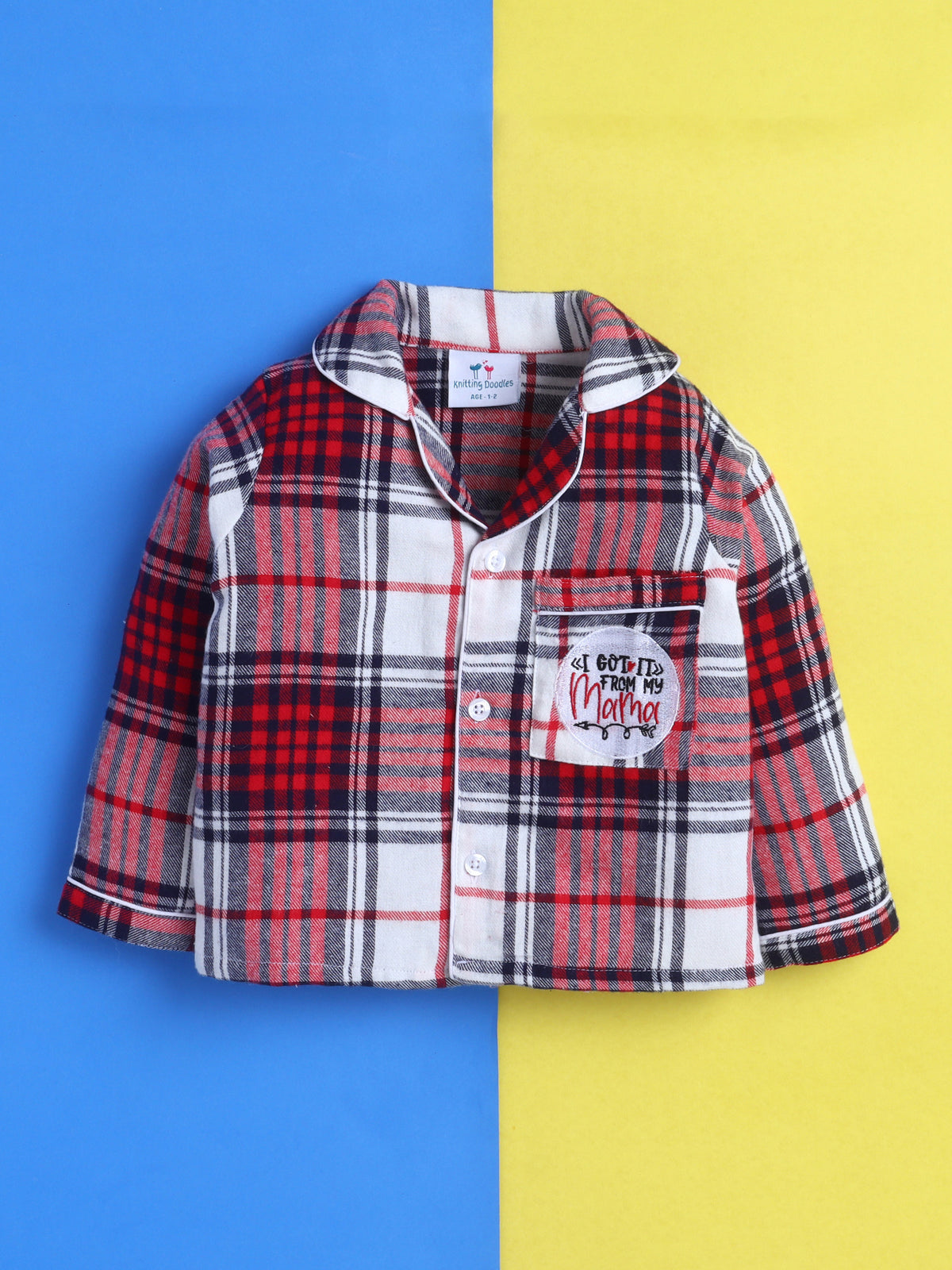 Red, Blue & White Checks Pure Cotton Nightsuit with Mama Love Embroidery