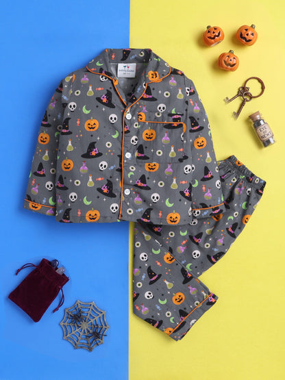 Halloween Pumpkin & Witch Print Pure Cotton Full Sleeves Nightsuit