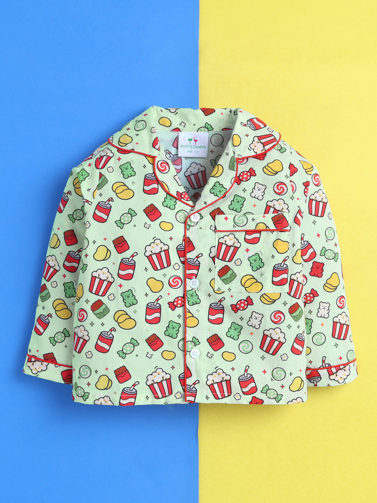 Candy & Popcorn Print Pure Cotton Full Sleeves Nightsuit