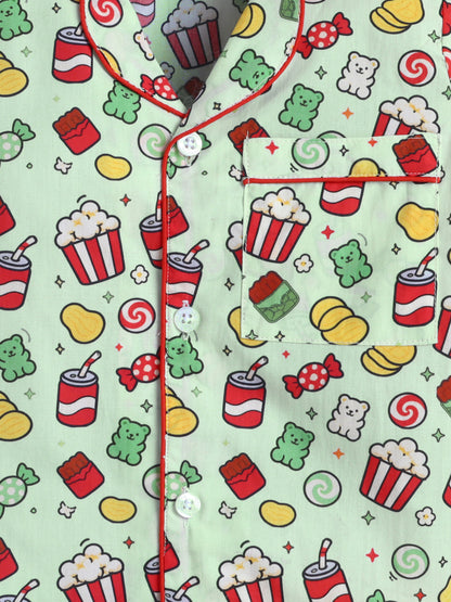 Candy & Popcorn Print Pure Cotton Full Sleeves Nightsuit
