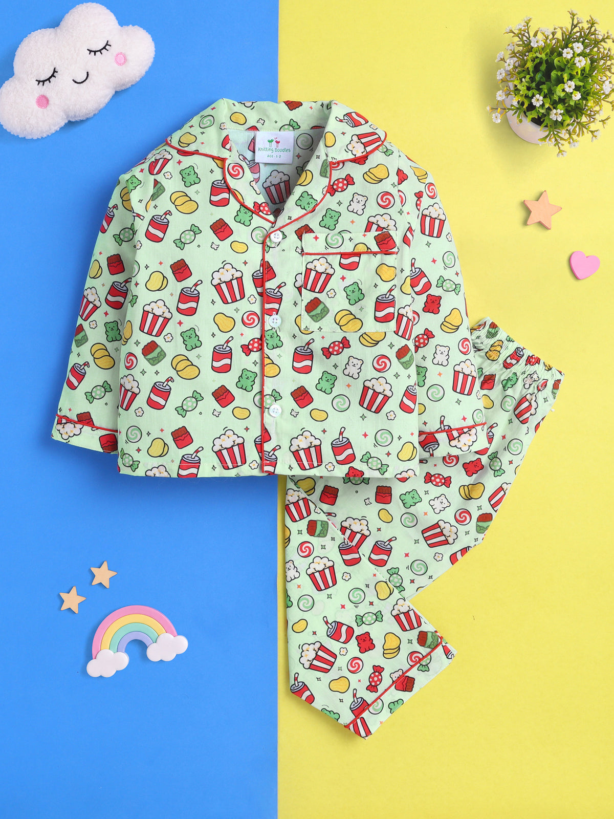 Candy & Popcorn Print Pure Cotton Full Sleeves Nightsuit