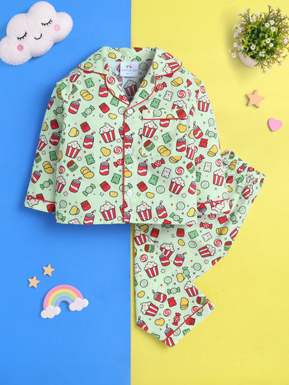Candy & Popcorn Print Pure Cotton Full Sleeves Nightsuit