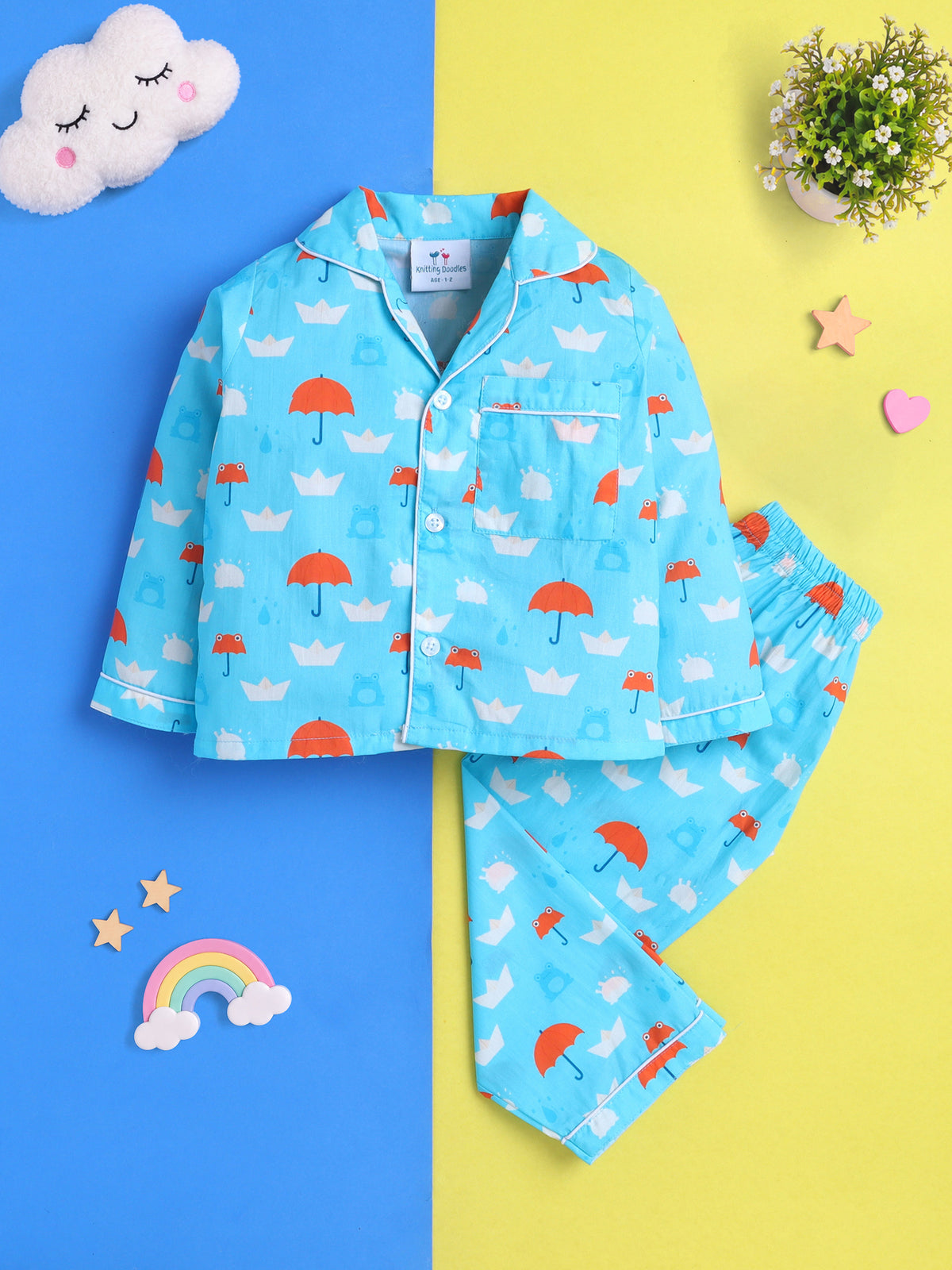 Rainy Day Umbrella Print Pure Cotton Full Sleeves Nightsuit