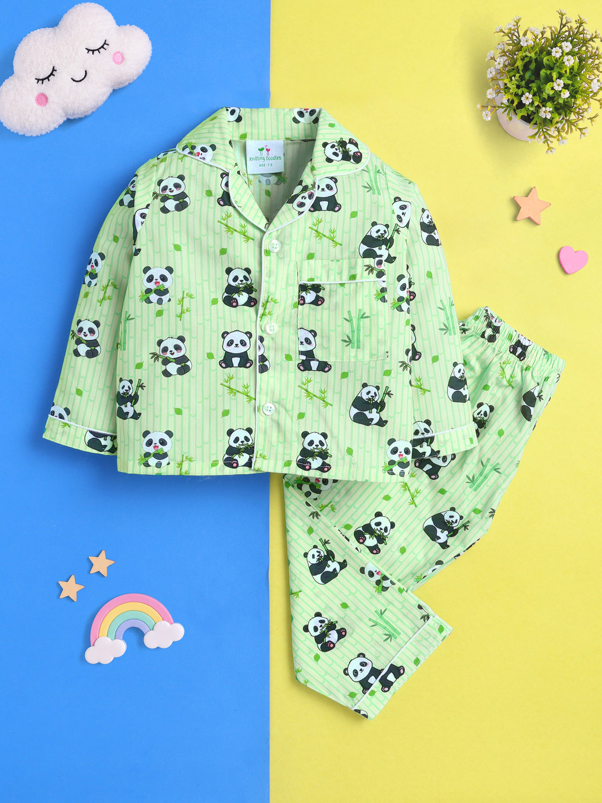 Panda & Bamboo Print Pure Cotton Full Sleeves Nightsuit