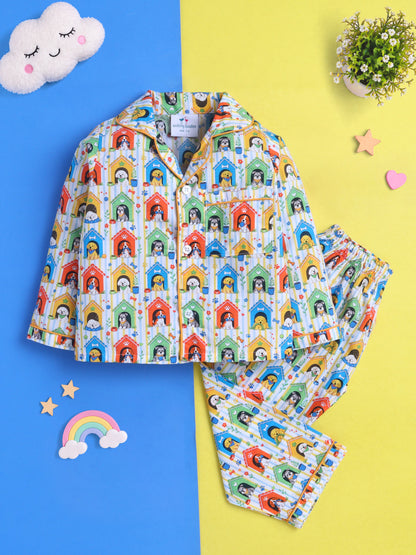 Cute Dogs & Dog Houses Print Pure Cotton Full Sleeves Nightsuit