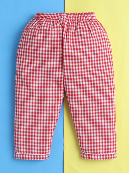 Red and White Checks Cotton Plaid Nightsuit with Cute Santa Claus Embroidery on Pocket