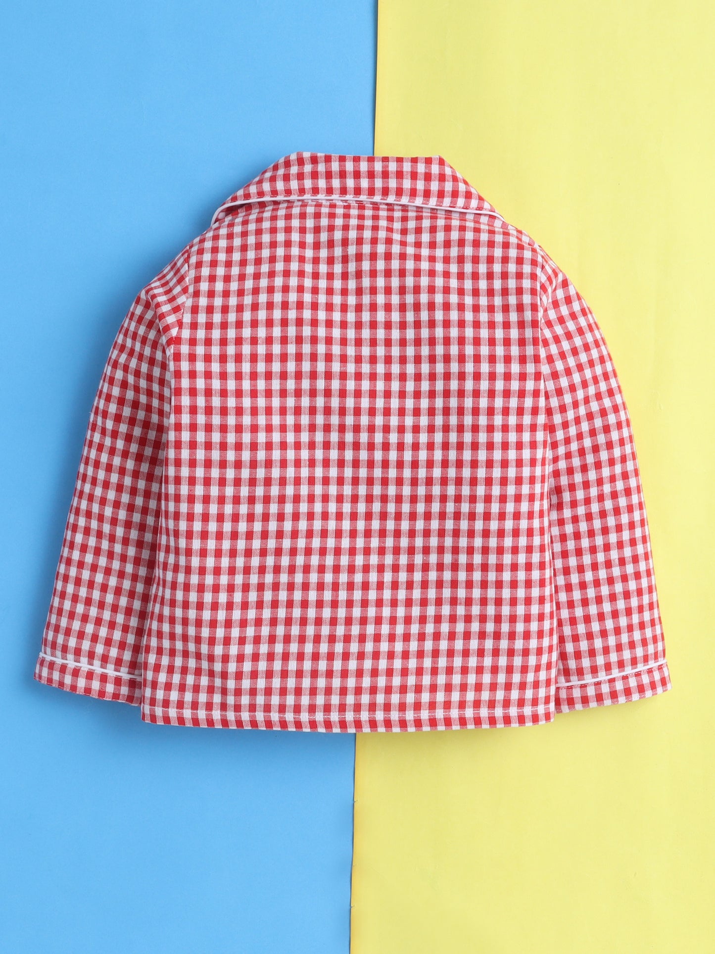 Red and White Checks Cotton Plaid Nightsuit with Cute Santa Claus Embroidery on Pocket