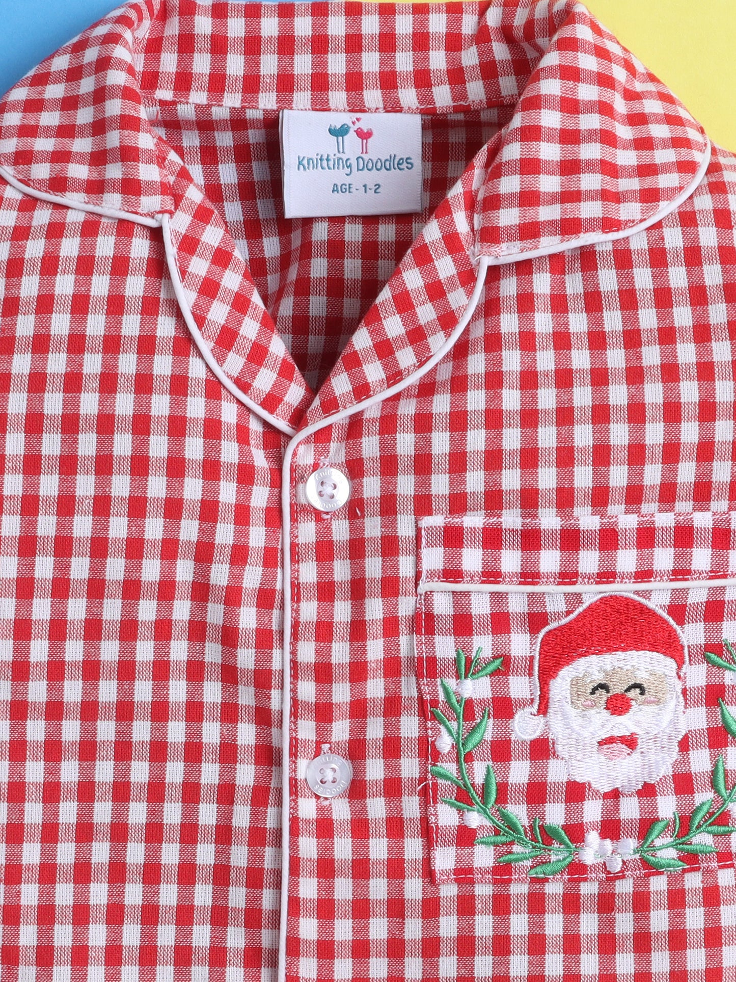 Red and White Checks Cotton Plaid Nightsuit with Cute Santa Claus Embroidery on Pocket