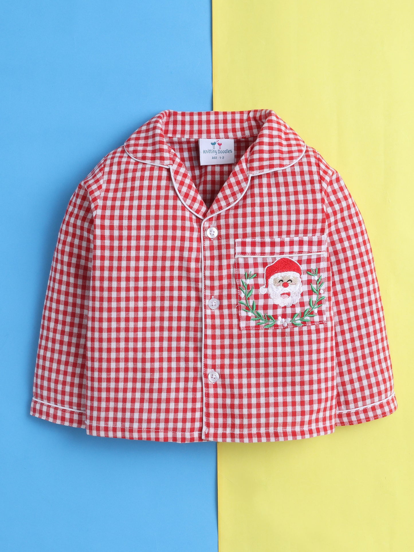 Red and White Checks Cotton Plaid Nightsuit with Cute Santa Claus Embroidery on Pocket