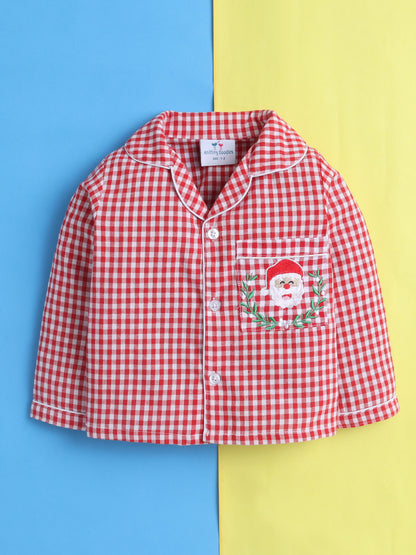 Red and White Checks Cotton Plaid Nightsuit with Cute Santa Claus Embroidery on Pocket