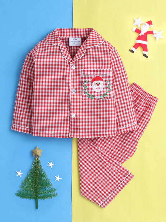 Red and White Checks Cotton Plaid Nightsuit with Cute Santa Claus Embroidery on Pocket