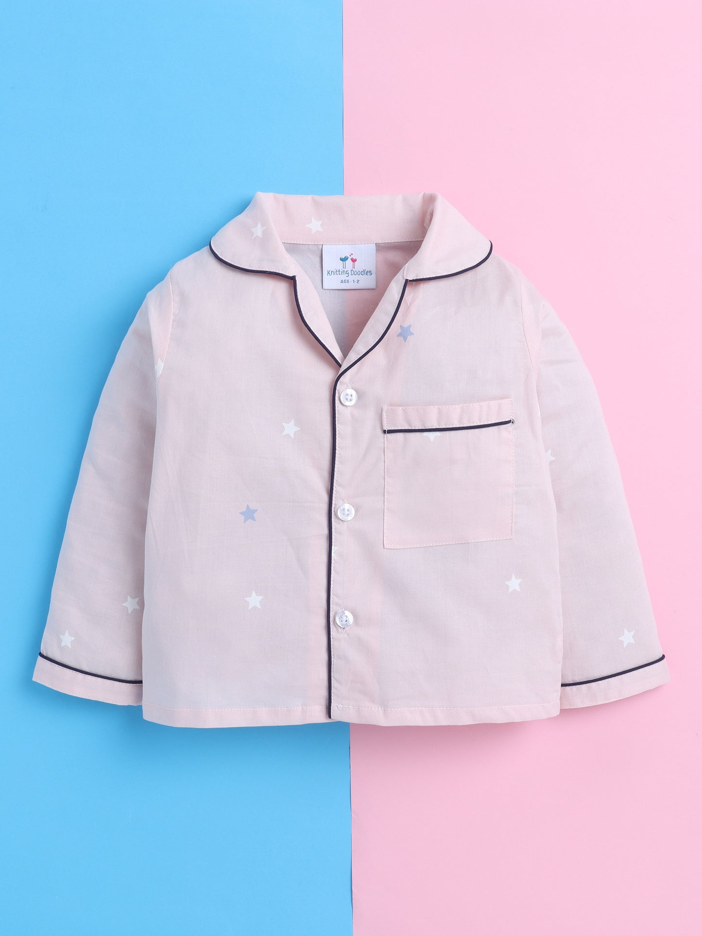 Pink Stars Print Nightsuit- Pink