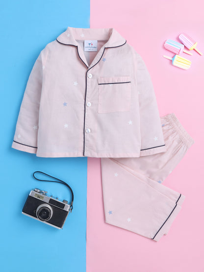 Pink Stars Print Nightsuit- Pink