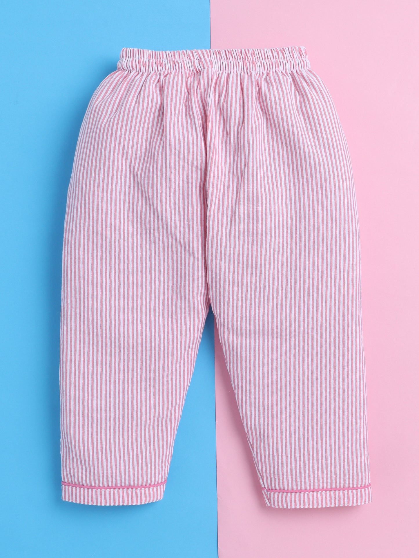 Pink and White Stripes Nightsuit with Butterfly Embroidery on Pocket- Pink and White