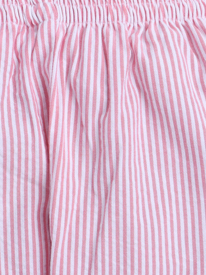 Pink and White Stripes Nightsuit with Butterfly Embroidery on Pocket- Pink and White