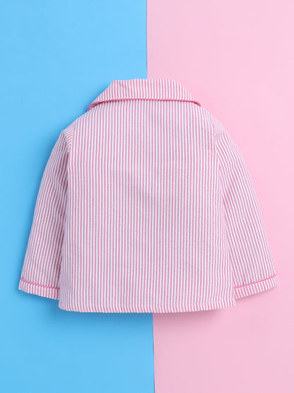 Pink and White Stripes Nightsuit with Butterfly Embroidery on Pocket- Pink and White