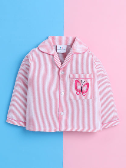 Pink and White Stripes Nightsuit with Butterfly Embroidery on Pocket- Pink and White