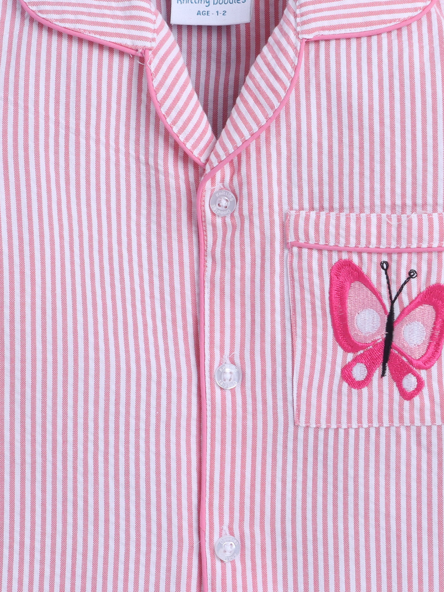 Pink and White Stripes Nightsuit with Butterfly Embroidery on Pocket- Pink and White