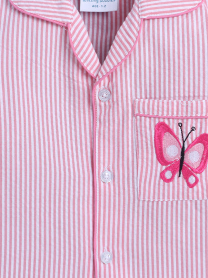 Pink and White Stripes Nightsuit with Butterfly Embroidery on Pocket- Pink and White