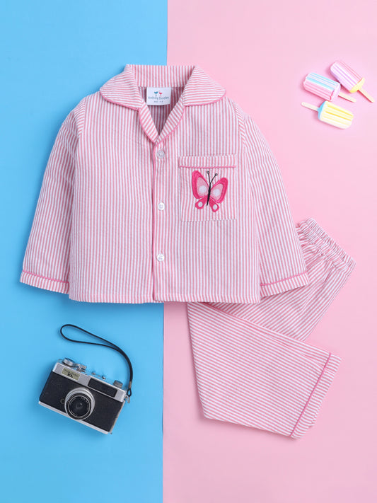 Pink and White Stripes Nightsuit with Butterfly Embroidery on Pocket- Pink and White