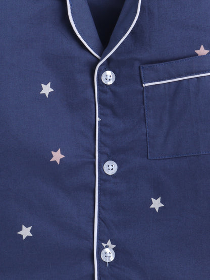 Navy Stars Print Nightsuit- Navy