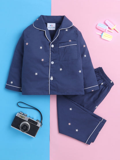 Navy Stars Print Nightsuit- Navy