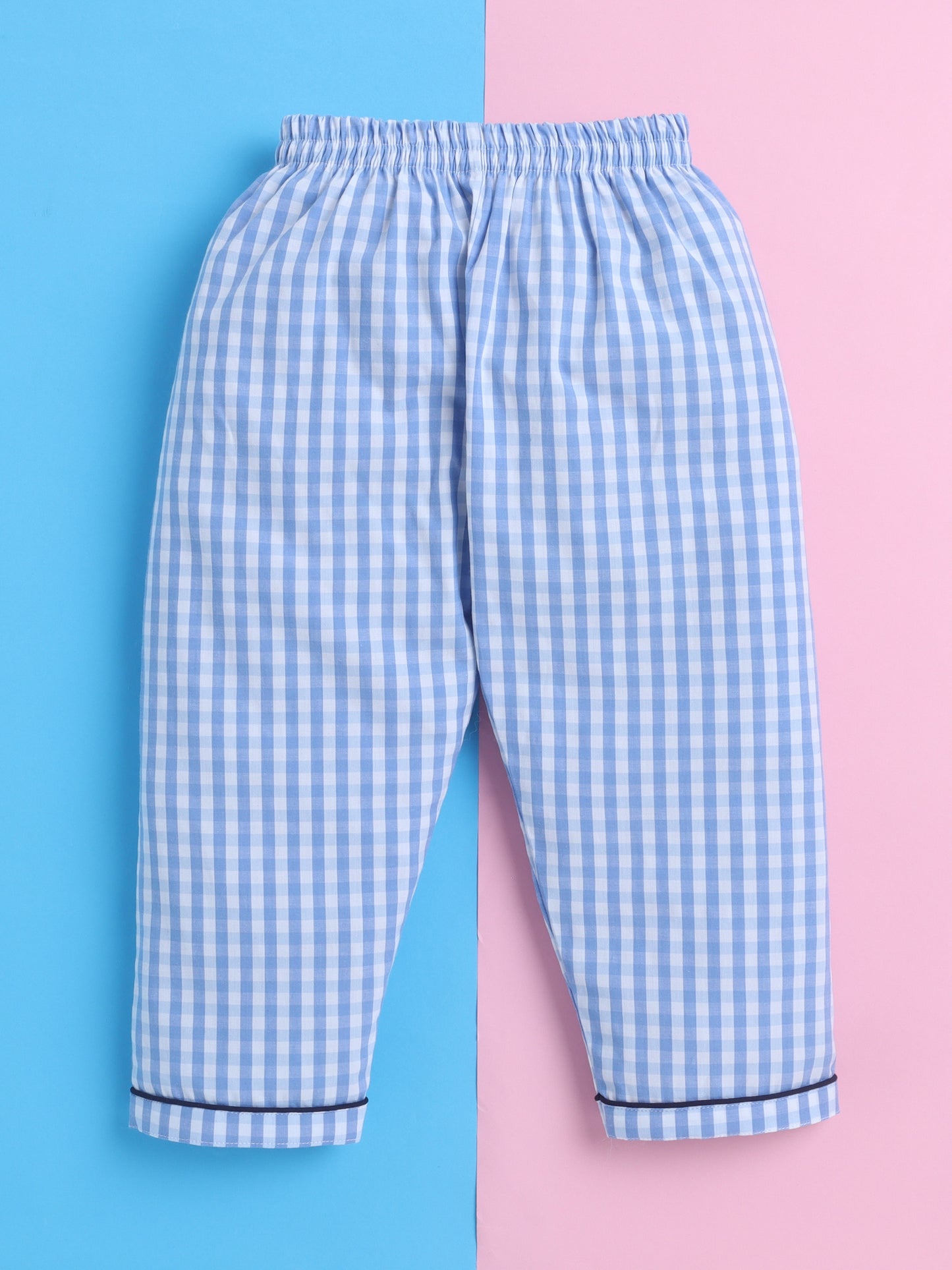 Blue and White Checks Nightsuit with Rocket Embroidery on Pocket- Blue and White