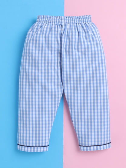 Blue and White Checks Nightsuit with Rocket Embroidery on Pocket- Blue and White