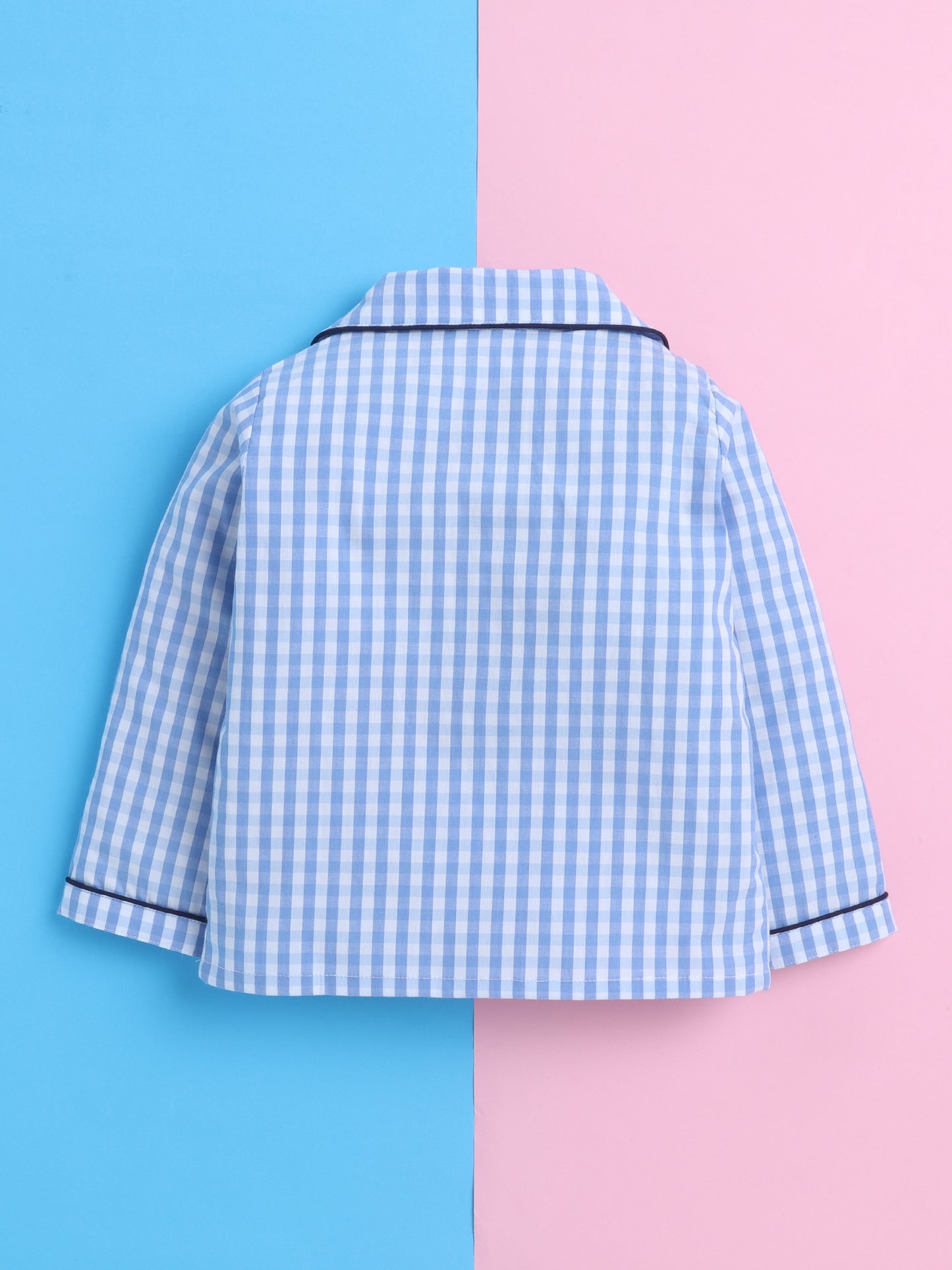 Blue and White Checks Nightsuit with Rocket Embroidery on Pocket- Blue and White