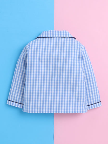Blue and White Checks Nightsuit with Rocket Embroidery on Pocket- Blue and White