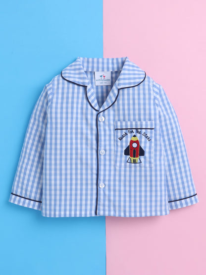 Blue and White Checks Nightsuit with Rocket Embroidery on Pocket- Blue and White