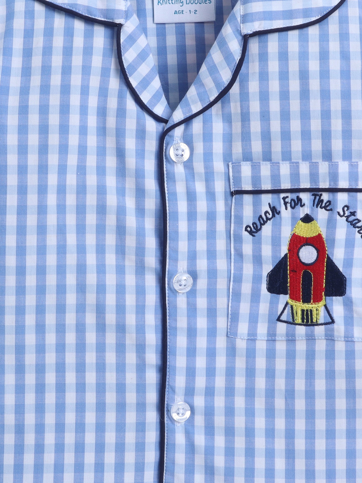 Blue and White Checks Nightsuit with Rocket Embroidery on Pocket- Blue and White
