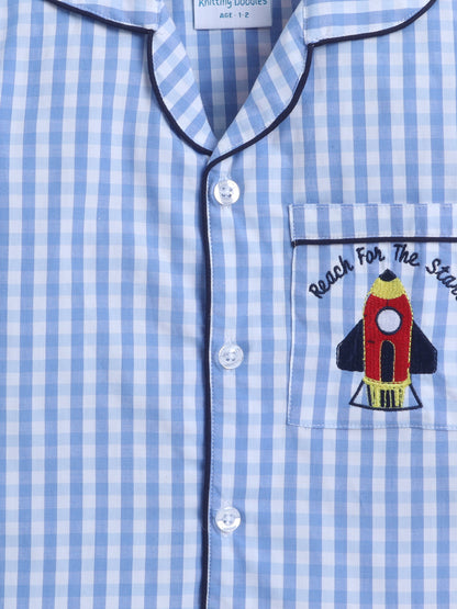 Blue and White Checks Nightsuit with Rocket Embroidery on Pocket- Blue and White