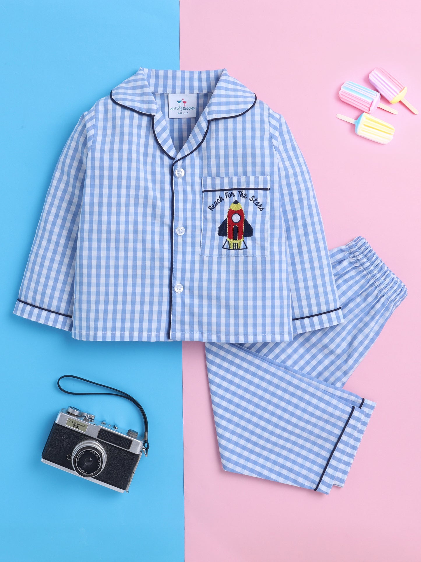 Blue and White Checks Nightsuit with Rocket Embroidery on Pocket- Blue and White