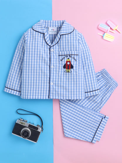 Blue and White Checks Nightsuit with Rocket Embroidery on Pocket- Blue and White