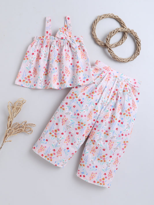 Floral Print Coord set with and Pleated Pants- Pink