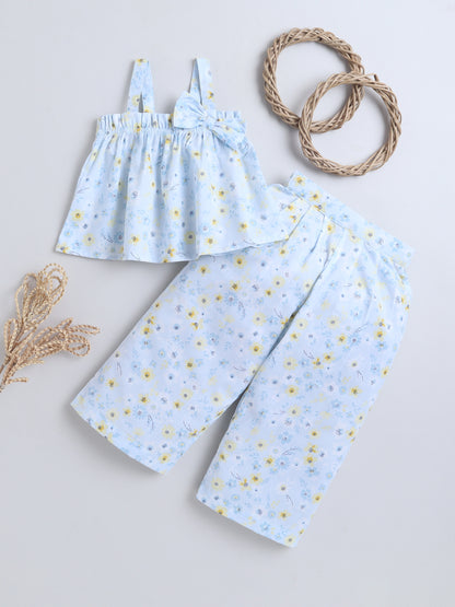 Floral Print Coord set with and Pleated Pants- Blue